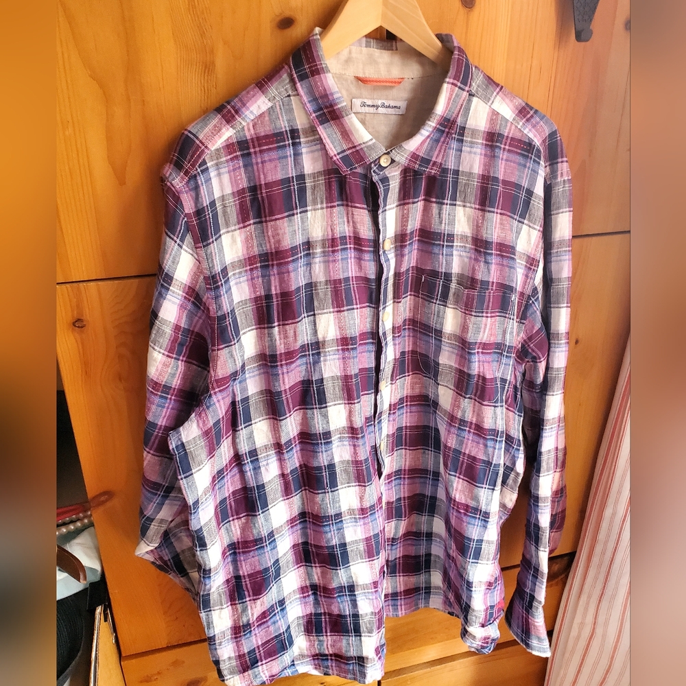 Tommy Bahama Men's Purple Plaid Linen Shirt Size XL